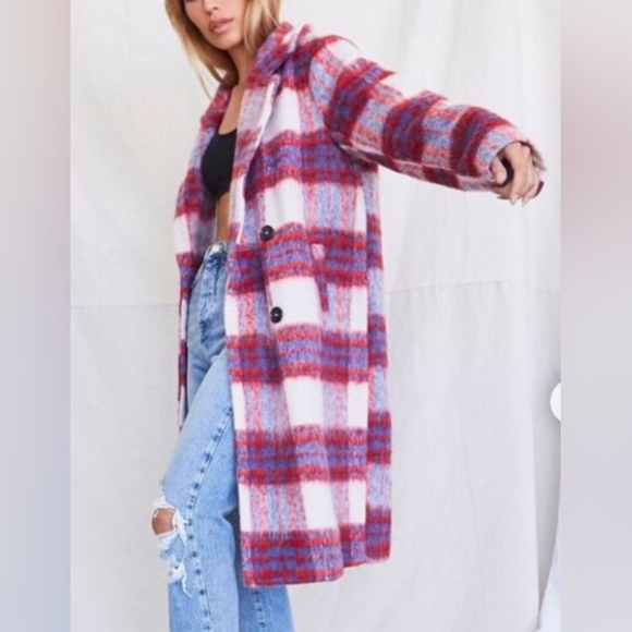 NWOT Plaid Double Breasted Red and Blue Coat Size S - Picture 1 of 11